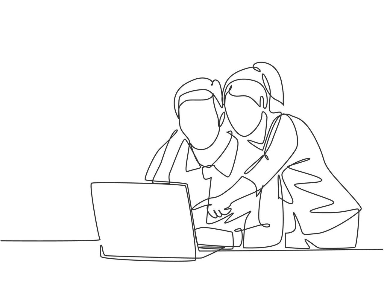 um único desenho de linha do jovem casal feliz, abraçando e abraçando romântico na frente do computador discutindo negócios. casal amante trabalhador conceito linha contínua desenhar ilustração vetorial vetor