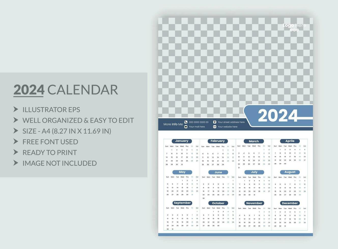 moderno estilo Novo ano 2024 calendário modelo vetor
