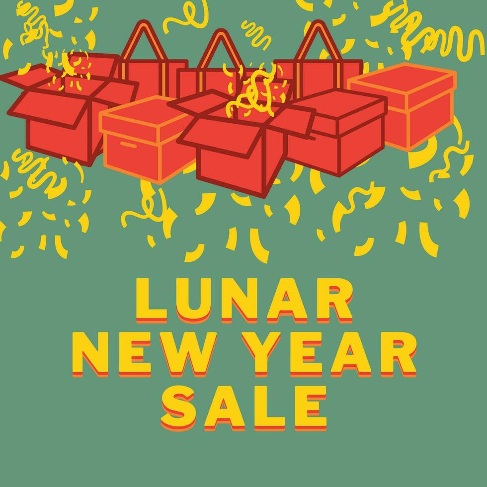 lunar Novo ano venda vetor ilustração com vermelho caixa presente elementos, compras bolsa, confete e lunar Novo ano venda 3d texto Projeto.