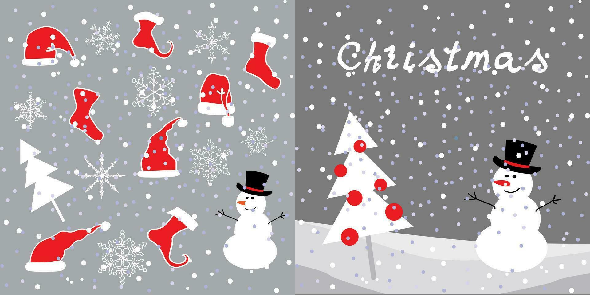 cartão postal cobrir com uma boneco de neve e uma Natal árvore. cinzento fundo. vetor