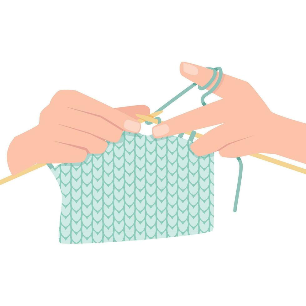 dois fêmea mãos tricotar uma tricotado tecido vetor