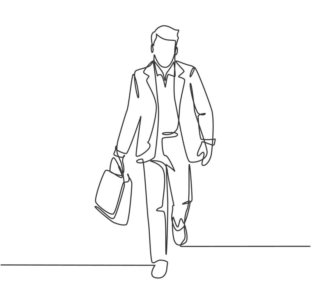 um único desenho de linha do jovem gerente andando com pressa na rua da cidade, tente não se atrasar para a reunião de trabalho no escritório. Ilustração em vetor desenho urbano.