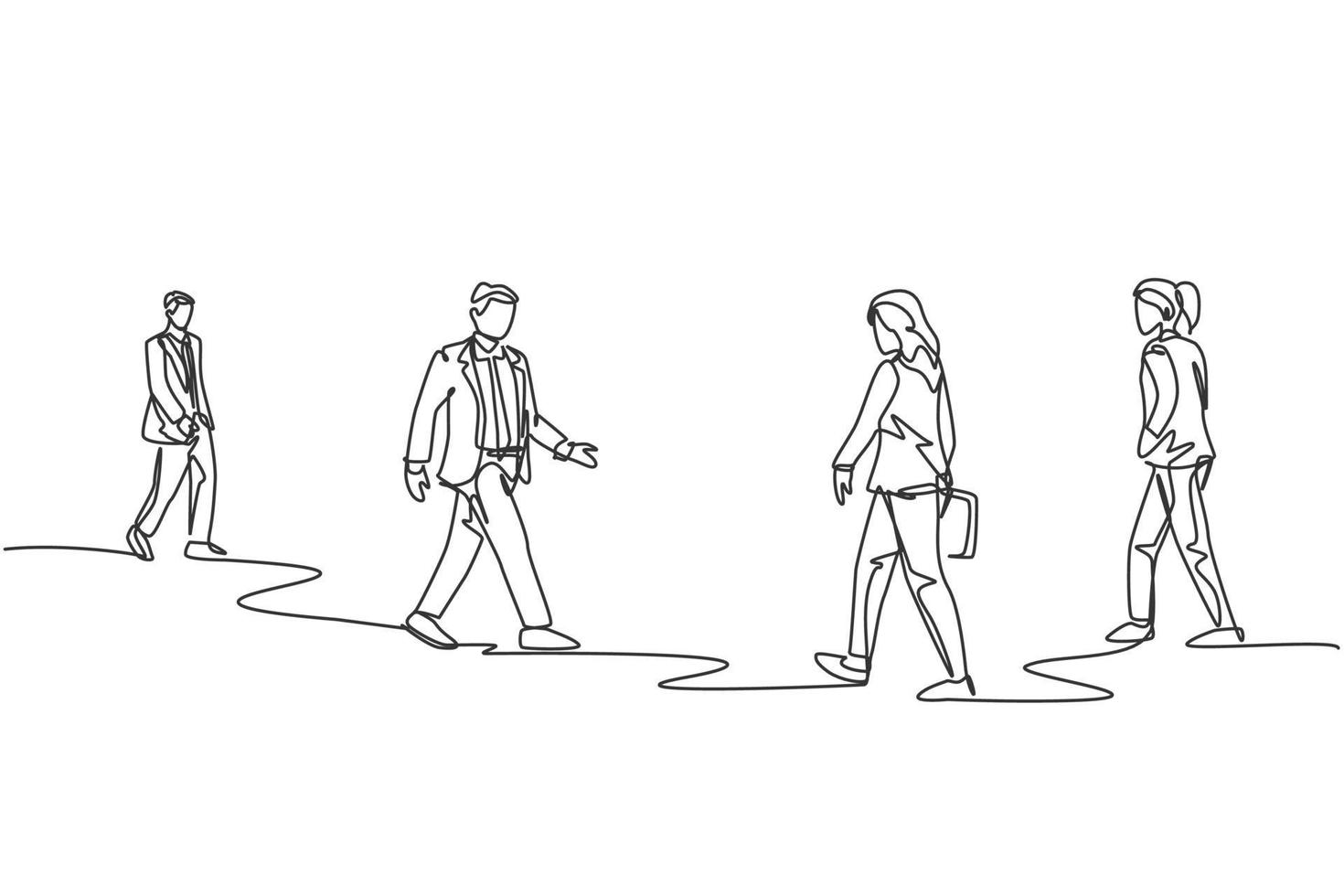 desenho de linha única contínua de grupos de passageiros urbanos que caminham repetidamente nas ruas da cidade e vão para o escritório. ilustração em vetor desenho de trabalhadores urbanos urbanos conceito uma linha