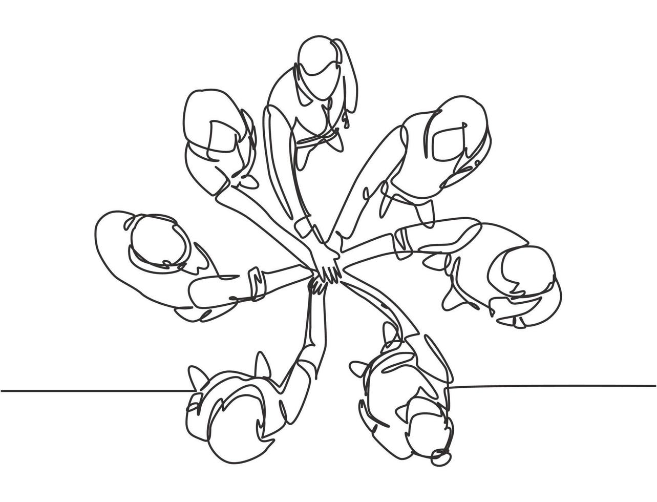 um único grupo de desenho de linha de jovens empresários felizes unem as mãos para formar um símbolo em forma de círculo, vista superior. moderno conceito de trabalho em equipe linha contínua desenho ilustração vetorial vetor