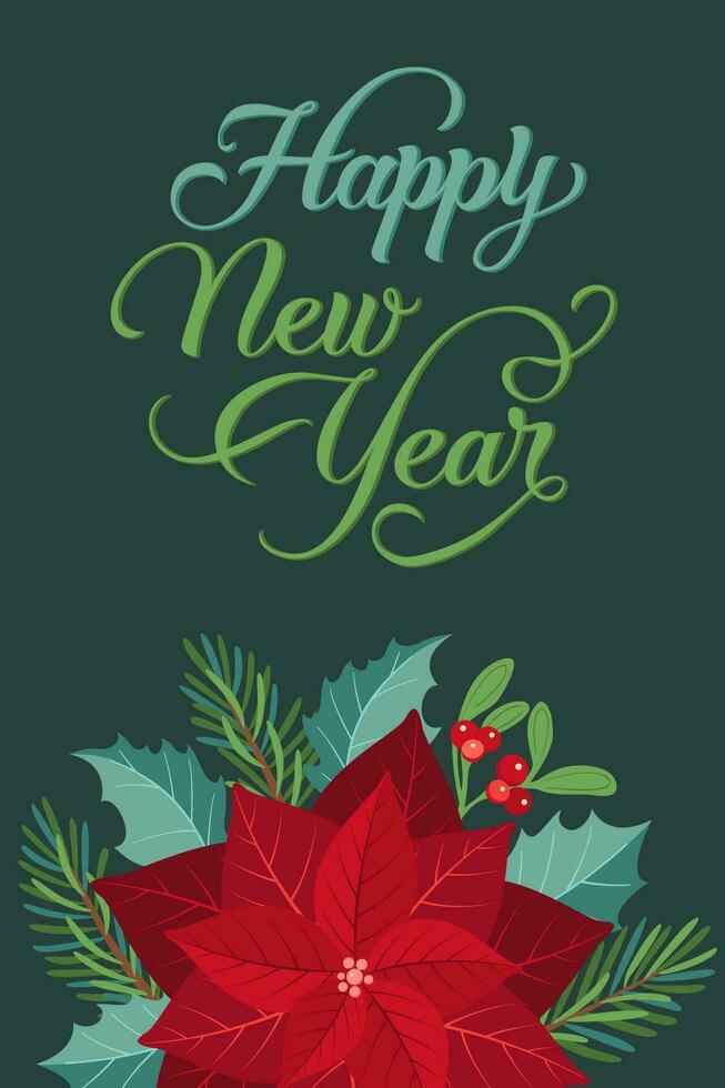 Novo ano cumprimento cartão com abeto árvore, poinsétia e azevinho baga. vetor