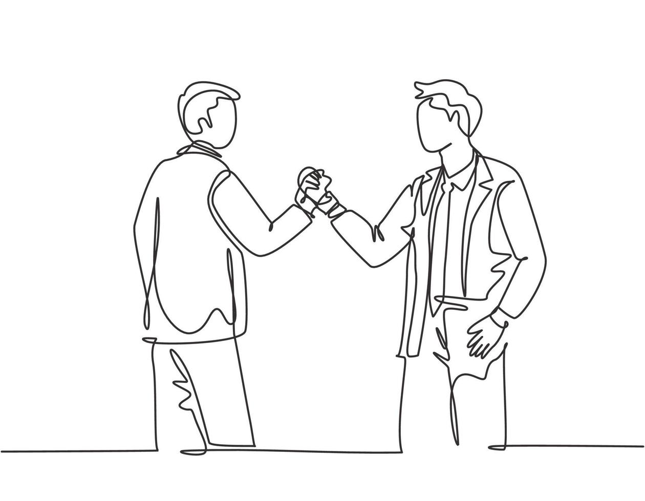 um único desenho de linha de dois jovens empresários felizes segurando as mãos juntas para marcar o início de um projeto conjunto. conceito de trabalho em equipe linha contínua desenho ilustração vetorial vetor