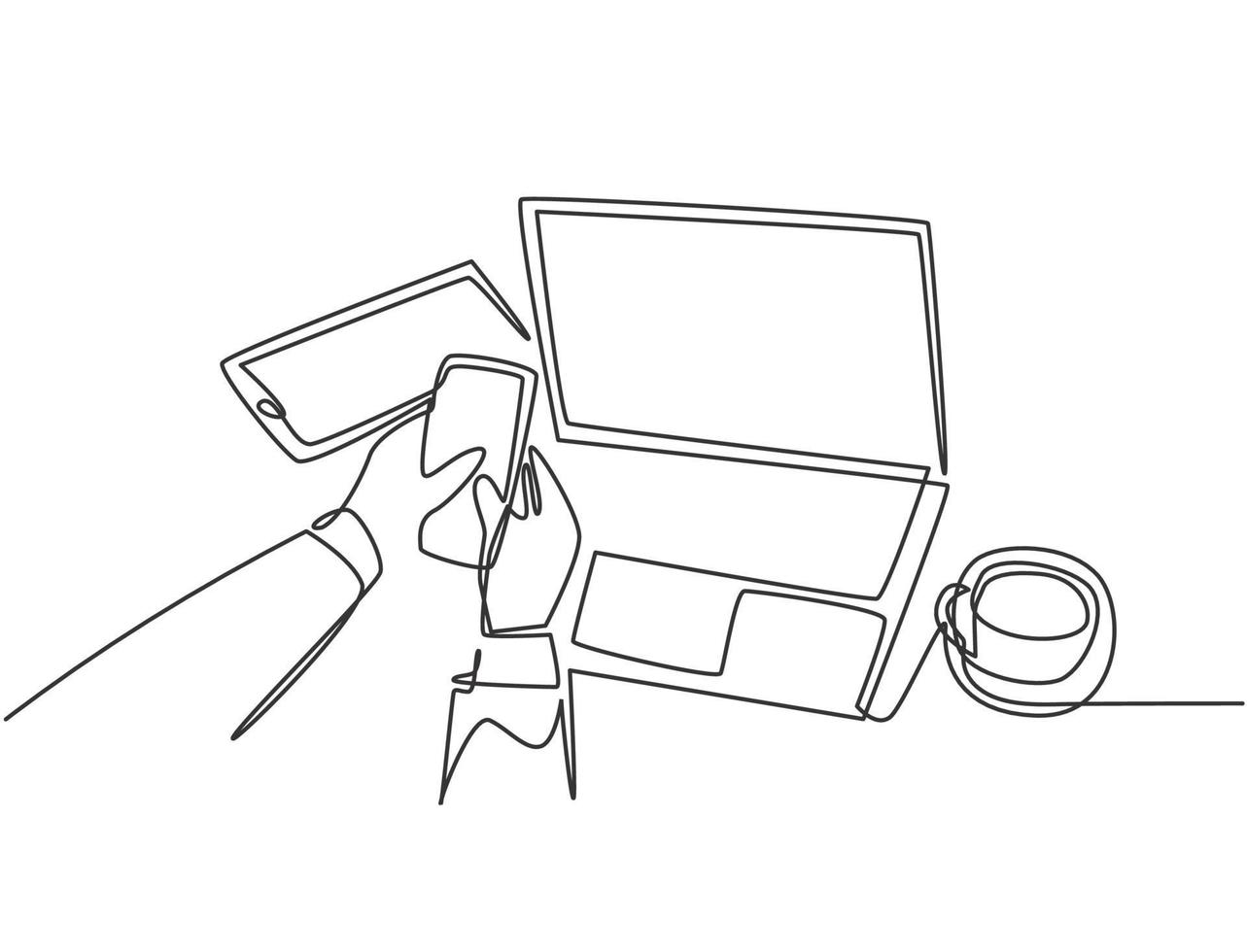 desenho de linha contínua única de gestos com as mãos segurando e tocando a tela do smartphone com uma xícara de chá, um pedaço de papel e um tablet na mesa. ilustração em vetor design de desenho de uma linha conceito de gadget