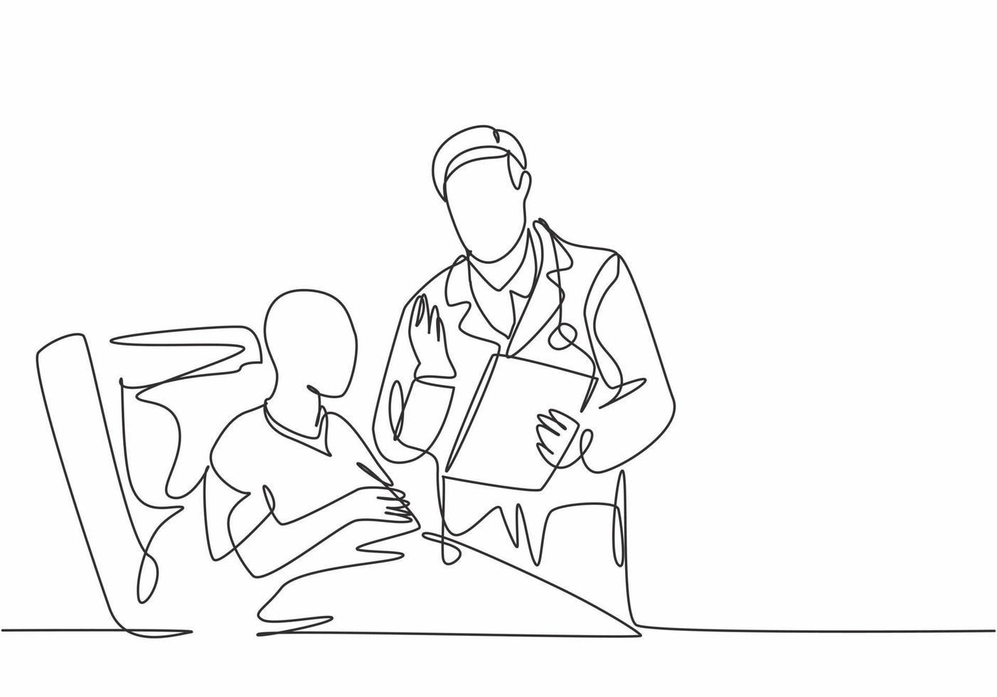 um único desenho de linha de jovem médico discute o progresso positivo da saúde com um paciente idoso com câncer deitado na cama do hospital. ilustração em vetor desenho linha contínua conceito de cuidados médicos