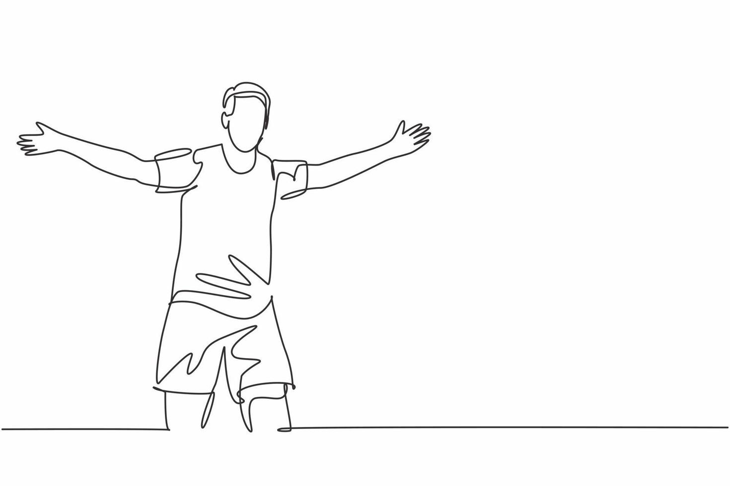 desenho de linha única contínua de jovem jogador de futebol esportivo correndo pelo estádio e espalhando o braço no campo. jogo de futebol objetivo celebração conceito uma linha desenhar ilustração vetorial vetor