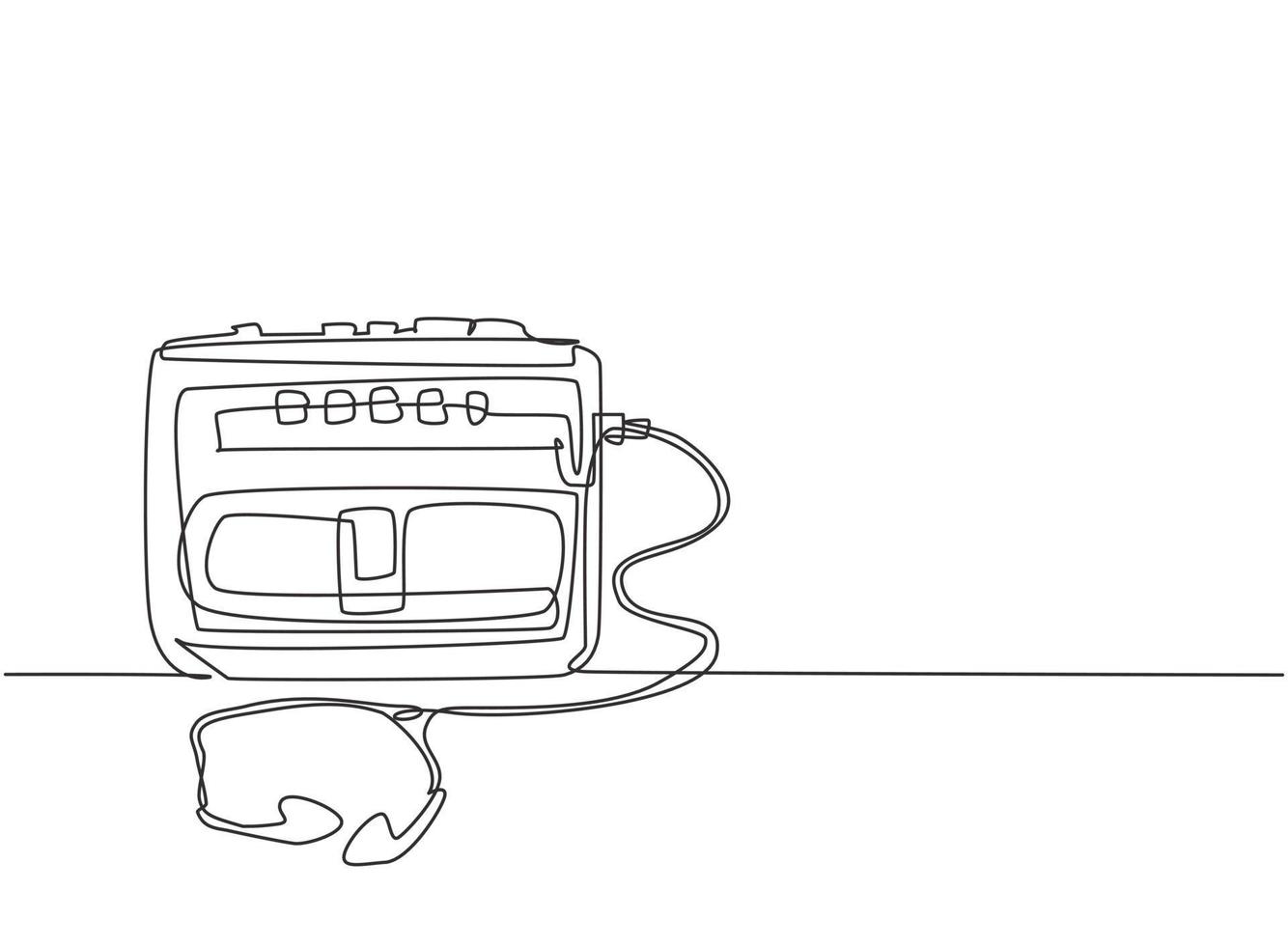 um único desenho de linha de fita de rádio portátil clássico antigo retro com fone de ouvido. vintage mobile cassette player item conceito linha contínua desenho desenho gráfico ilustração vetorial vetor