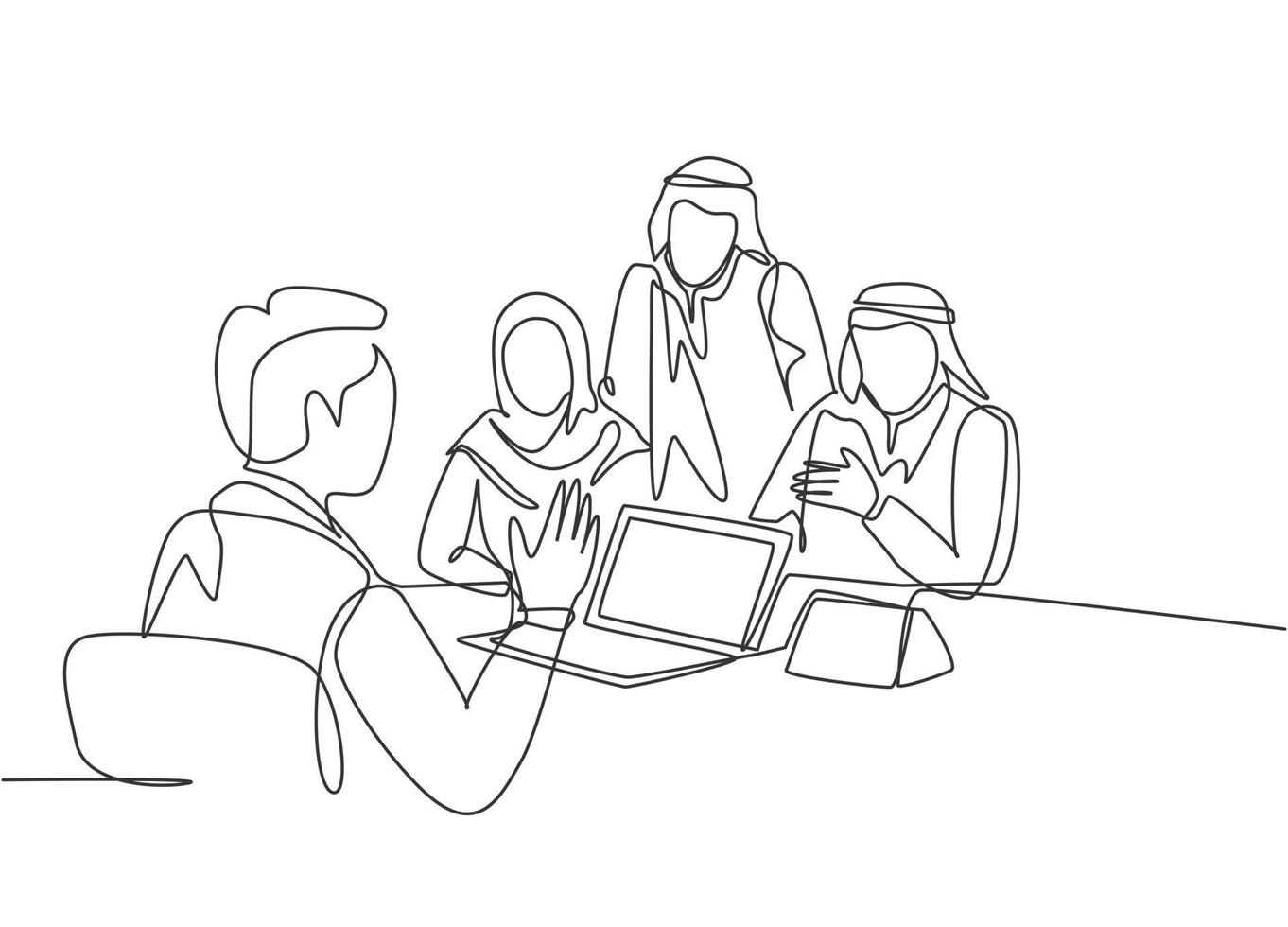 um único desenho de linha de jovens empresários muçulmanos felizes recebe coaching de negócios de um consultor. véu de pano da Arábia Saudita, lenço na cabeça, thobe, hijab. ilustração em vetor desenho desenho em linha contínua