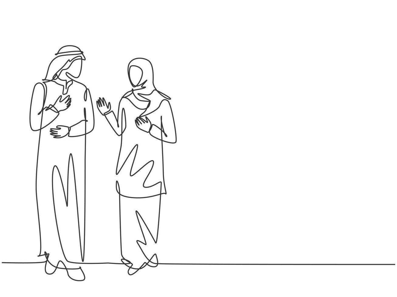 único desenho de linha contínua de jovem casal de negócios muçulmanos discutindo juntos a estratégia de vendas de produtos. pano do Oriente Médio árabe shmagh, thawb, robe, hijab. ilustração em vetor desenho desenho de uma linha