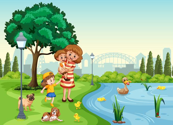 Mãe e filhos no parque vetor