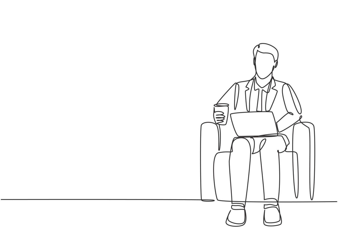 um desenho de linha única do jovem empresário digitando o projeto de ideias de negócios no laptop enquanto está sentado na cadeira do escritório. bebendo chá conceito linha contínua desenhar design ilustração gráfica de vetor