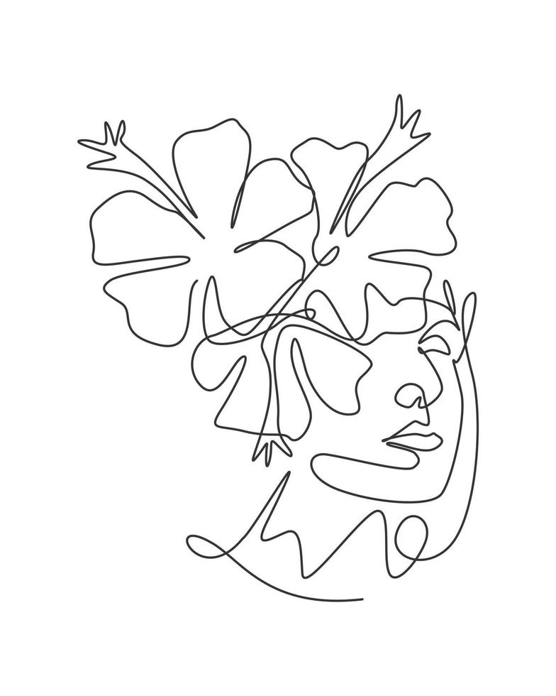 uma única linha desenho rosto abstrato de beleza com ilustração vetorial de flores naturais. conceito de estilo minimalista de retrato de mulher para impressão de decoração de arte de parede. linha contínua moderna desenhar design gráfico vetor