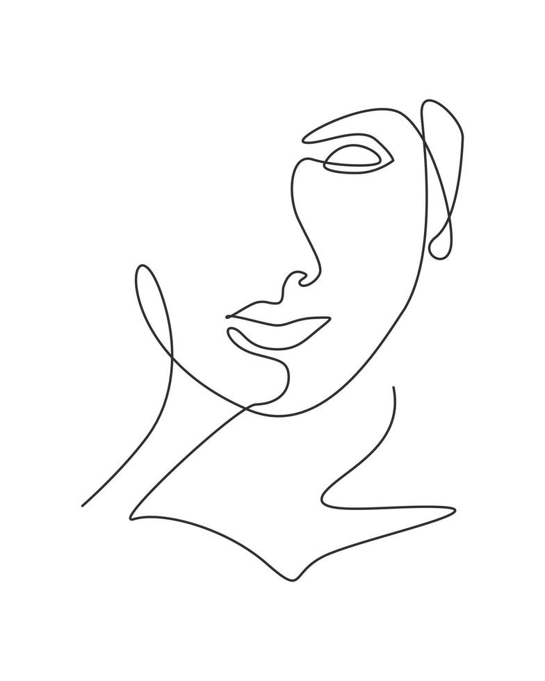 uma única linha desenho rosto abstrato de beleza de mulher, penteado, ilustração vetorial de moda. conceito de estilo feminino minimalista muito sexy para impressão de camisetas. linha contínua moderna desenhar design gráfico vetor