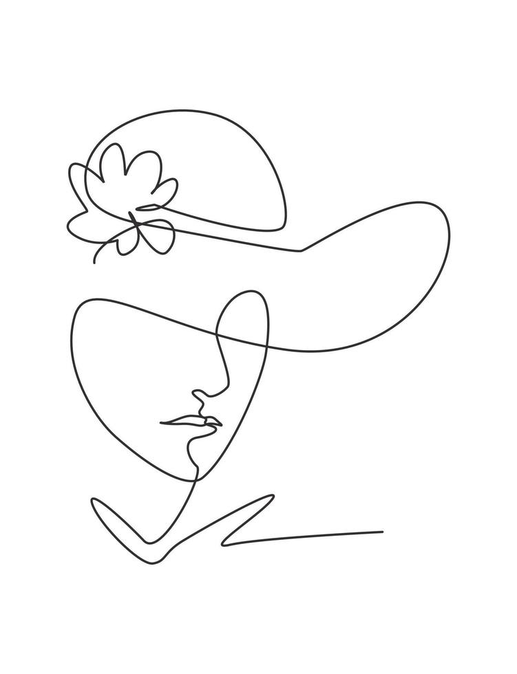um desenho de linha contínua beleza sexy mulher rosto abstrato usar elegância chapéu estilo minimalista. conceito de moda feminina para t-shirt, impressão de sacola. ilustração em vetor gráfico de desenho de linha única