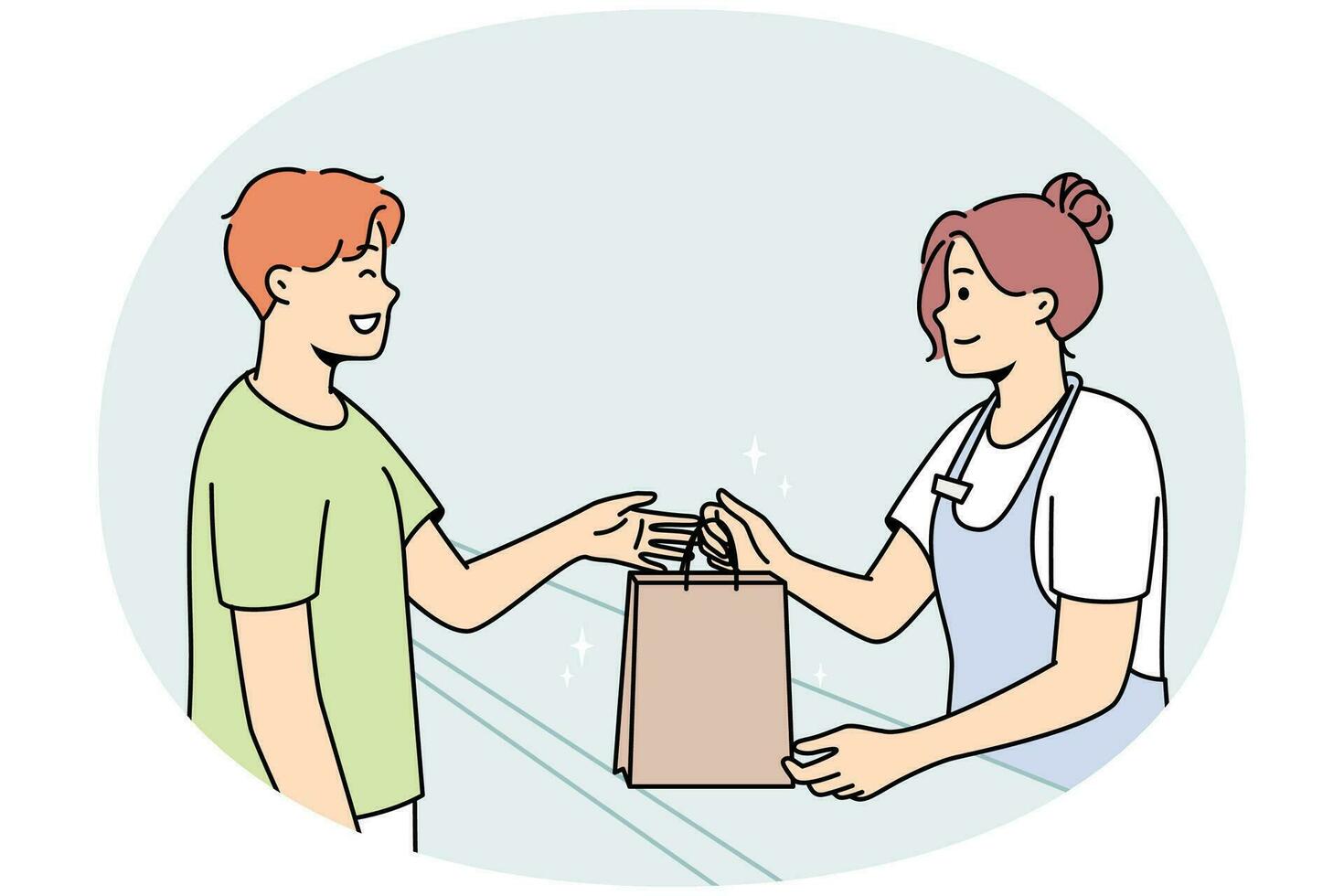 caixa feminina sorridente dá saco de papelão para cliente masculino feliz na loja. pacote de mão de vendedor de mulher feliz para cliente homem animado na loja. ilustração vetorial. vetor