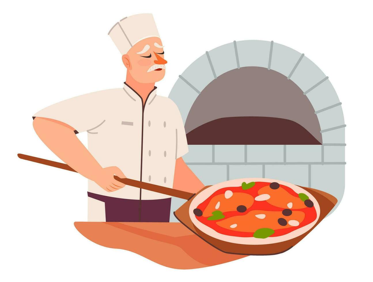 a padeiro é preparando pizza. a cozinhar leva a pizza Fora do a forno. plano vetor ilustração