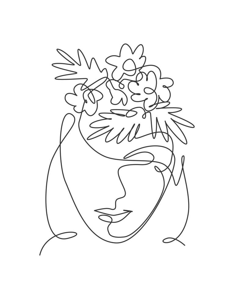 um desenho de linha contínuo penteado cosmético da natureza da beleza minimalista. buquê de flores no conceito de rosto abstrato de cabeça de mulher. impressão de decoração de parede. ilustração em vetor gráfico de desenho de arte em linha única