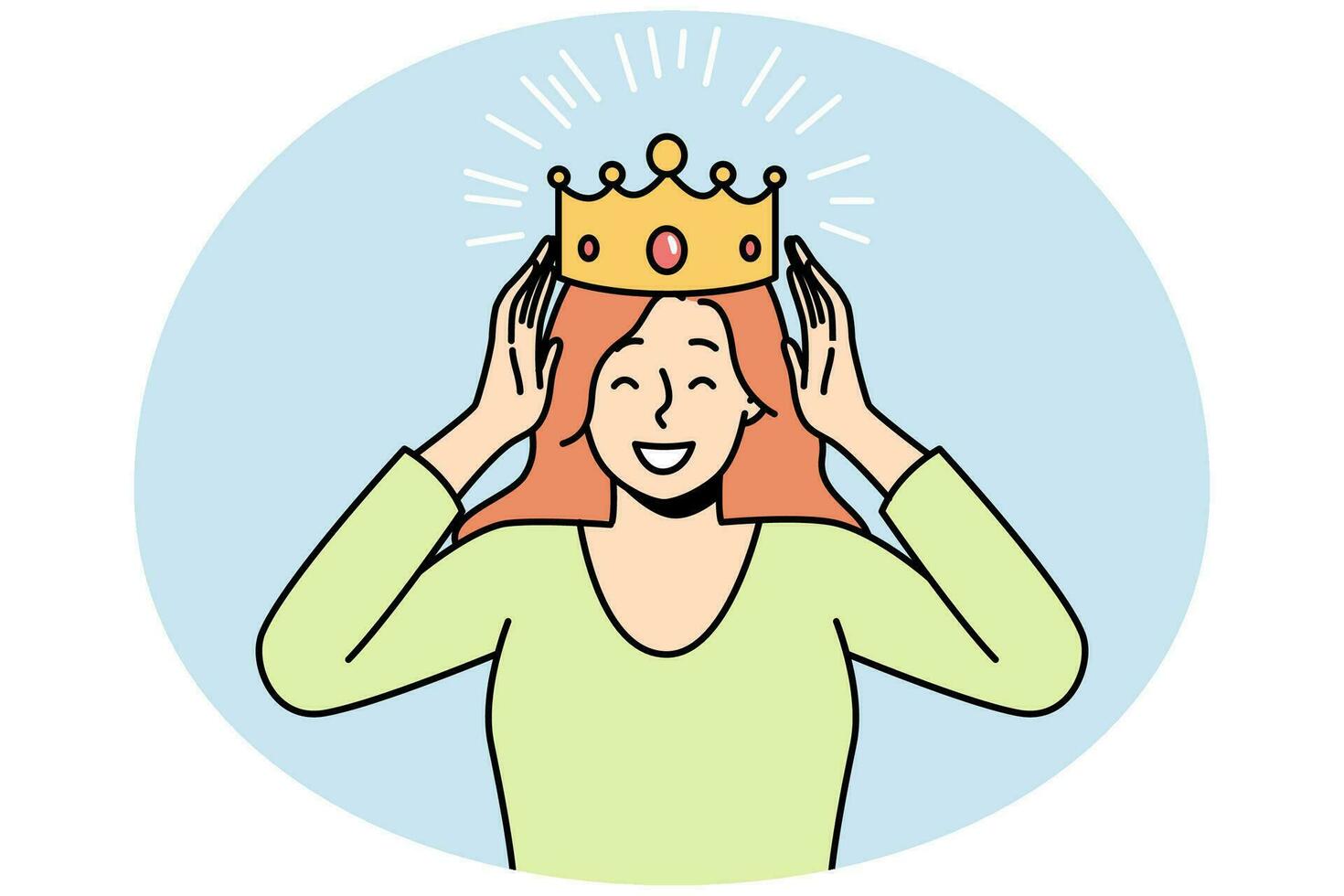 jovem sorridente com coroa na cabeça comemora o sucesso. feliz mulher confiante coroada por bons resultados ou realizações. ilustração vetorial. vetor