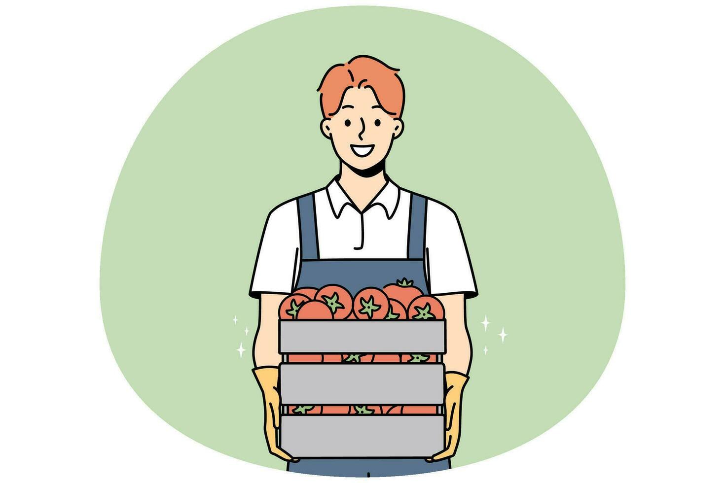 sorridente agricultor masculino segurando a caixa de tomates frescos. jardineiro homem feliz com cestas de legumes da fazenda. jardinagem e agricultura. ilustração vetorial. vetor
