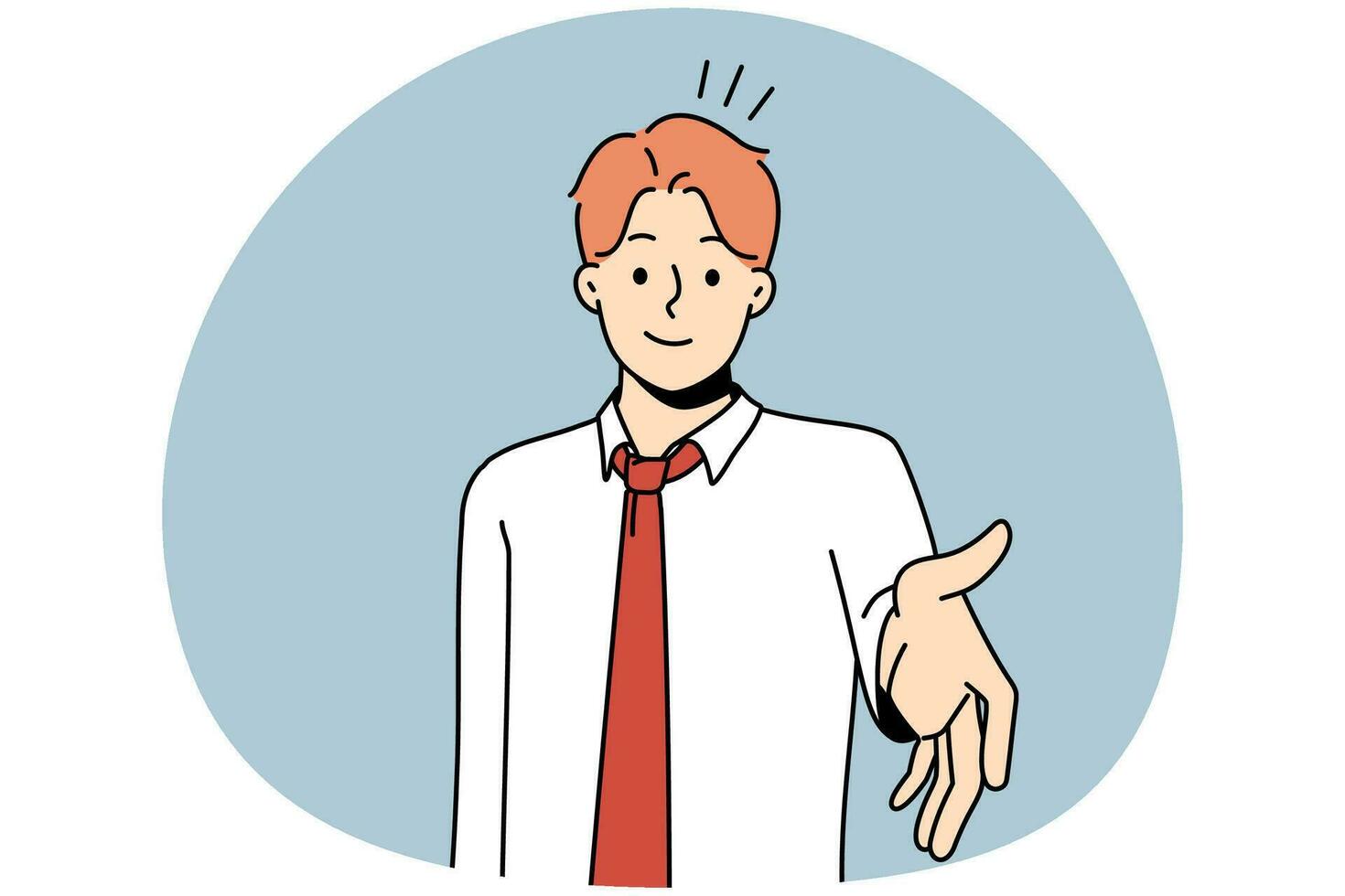 sorridente jovem empresário esticar a mão para um aperto de mão com o cliente ou parceiro de negócios. cliente de aperto de mão de funcionário masculino. saudação ou conhecido. ilustração vetorial. vetor