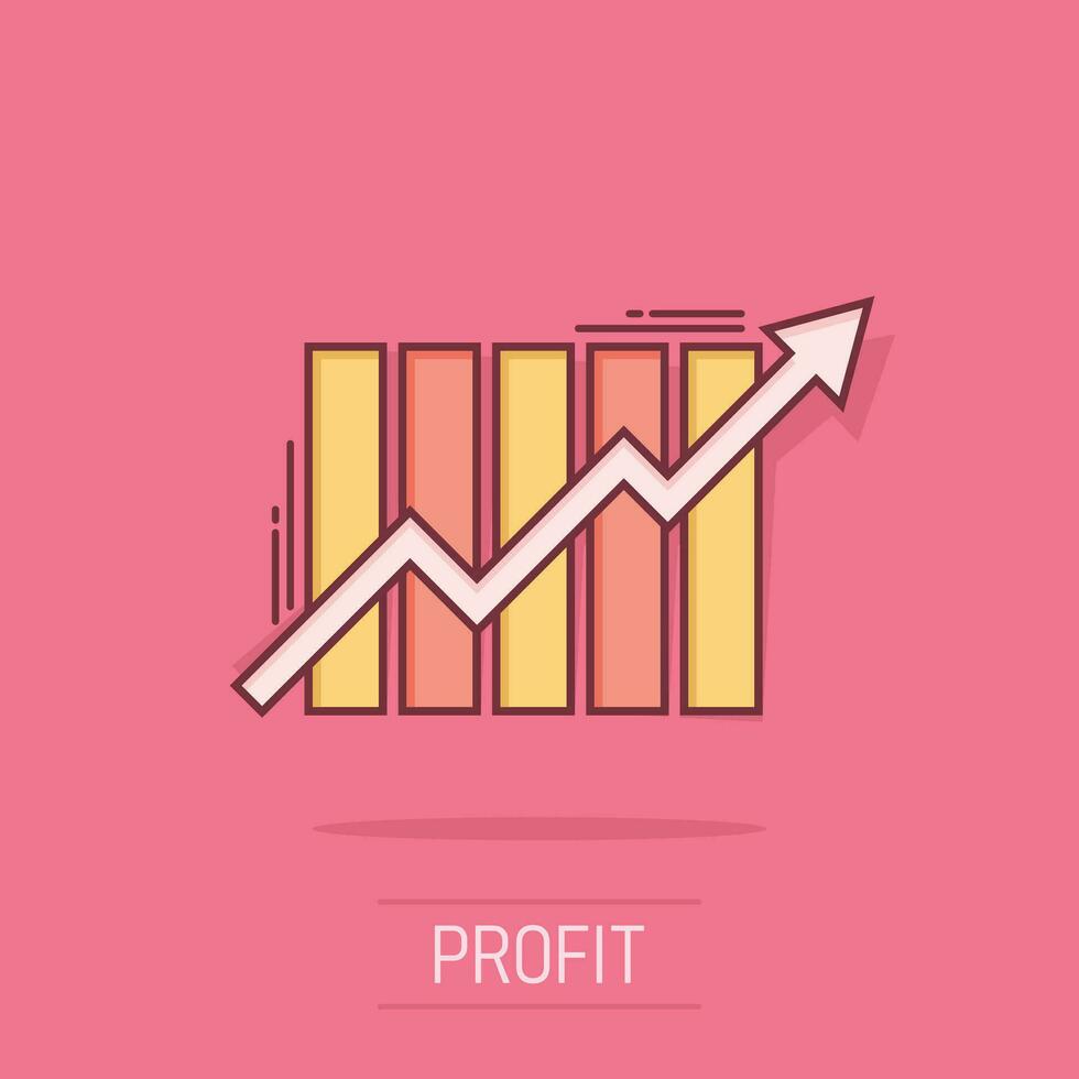 crescente ícone gráfico de barras em estilo cômico. aumentar o pictograma de ilustração dos desenhos animados do vetor de seta. efeito de respingo de conceito de negócio de progresso infográfico.