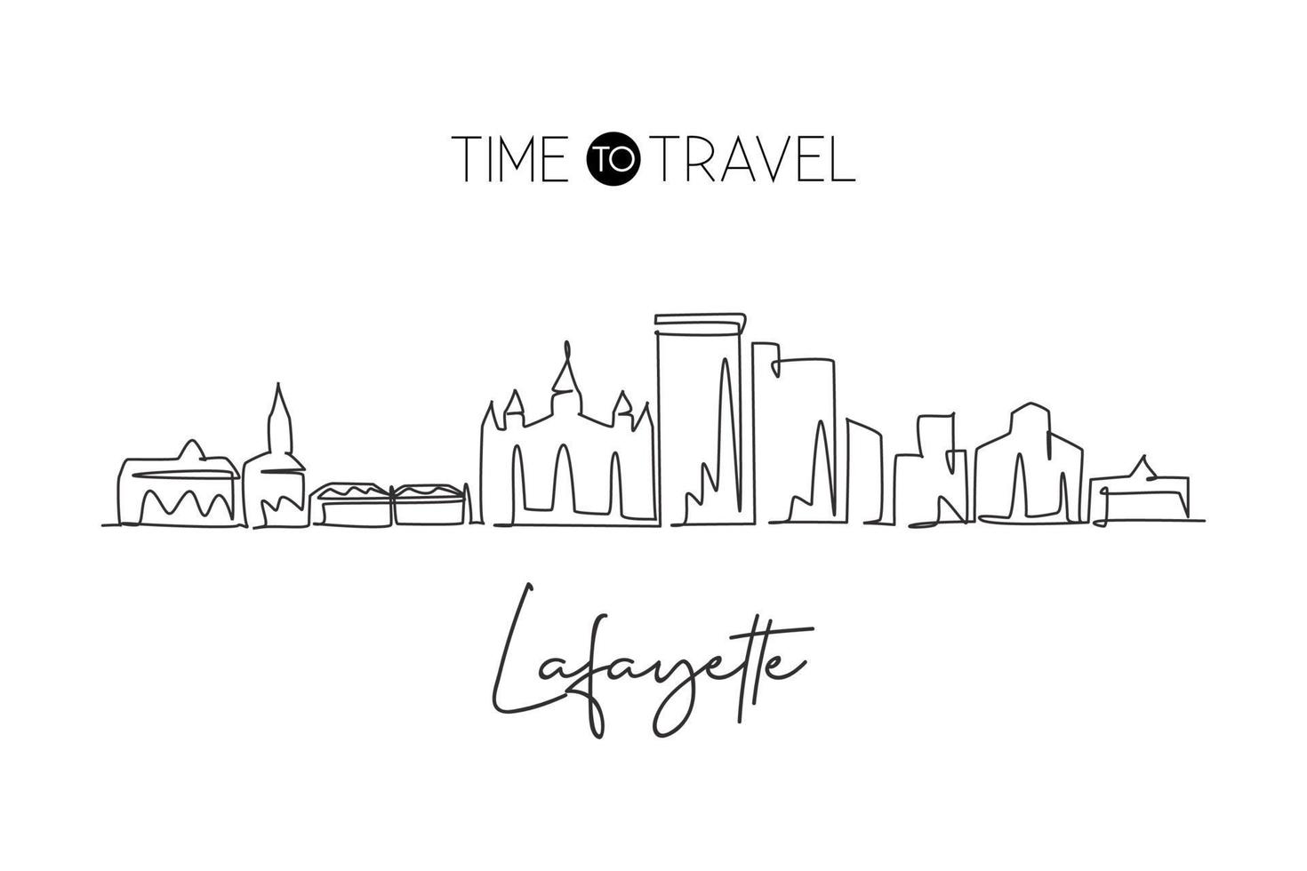 desenho de linha único contínuo de lafayette skyline, louisiana. paisagem de raspador de cidade famosa. mundo viajar para casa decoração de parede arte cartaz impressão conceito. ilustração em vetor moderno desenho de uma linha