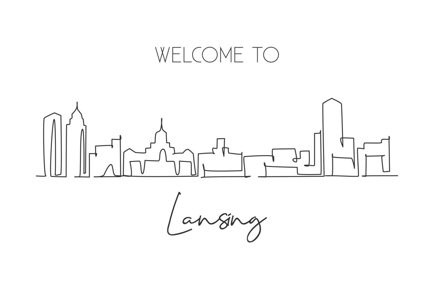 desenho de linha contínua única do horizonte da cidade lansing, michigan. paisagem de raspador de cidade famosa. mundo viajar para casa decoração de parede arte cartaz impressão conceito. ilustração em vetor moderno desenho de uma linha