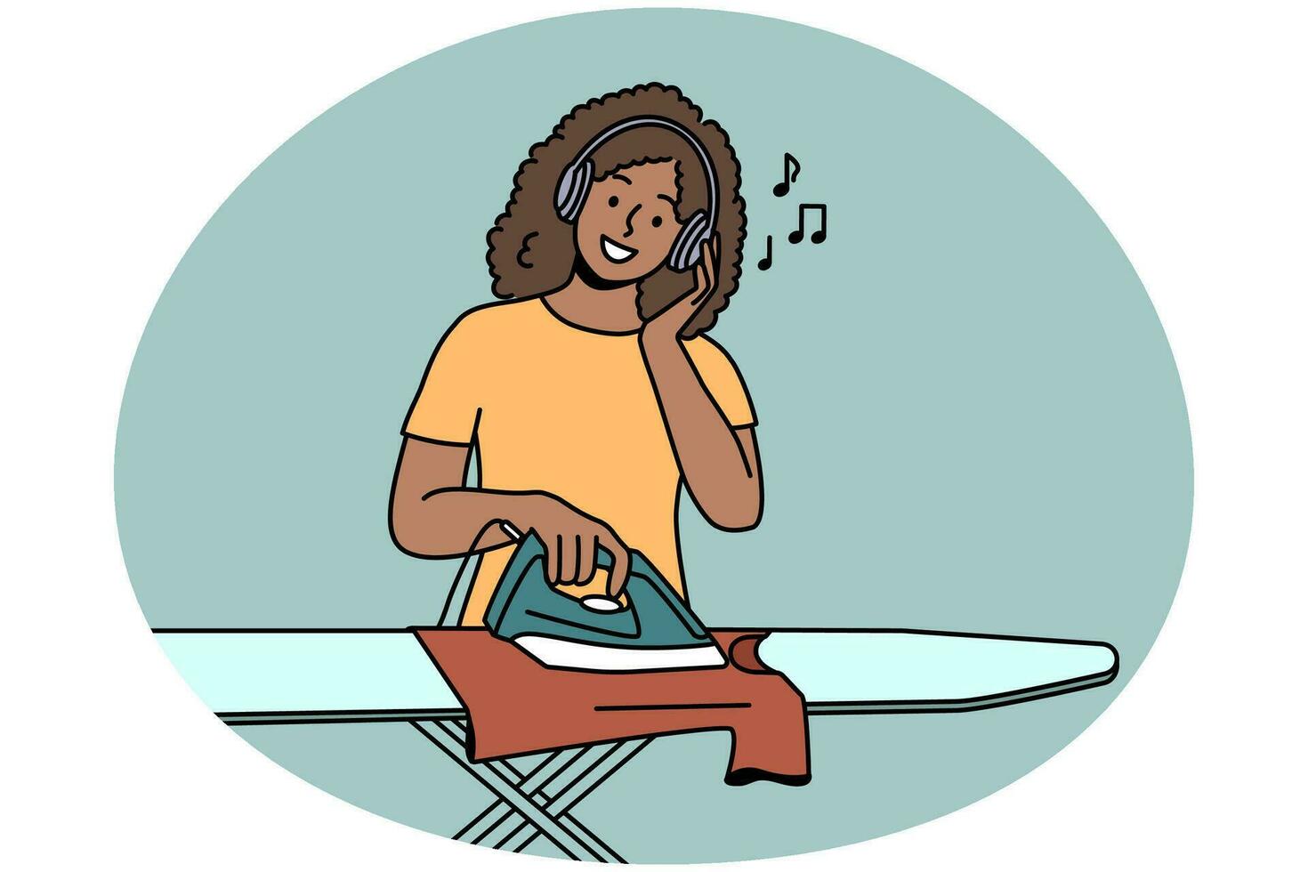 jovem sorridente em fones de ouvido passando roupas em casa. feliz garota afro-americana ouvir música em fones de ouvido fazer tarefas domésticas. ilustração vetorial. vetor