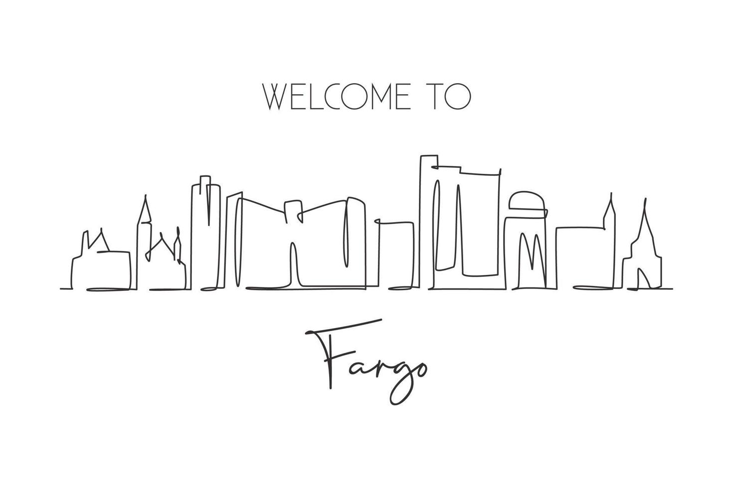 uma única linha desenhando o horizonte da cidade de Fargo, Dakota do Norte. cartão postal da paisagem da cidade histórica mundial. melhor destino de férias. ilustração em vetor desenho editável traço moderno linha contínua desenhar