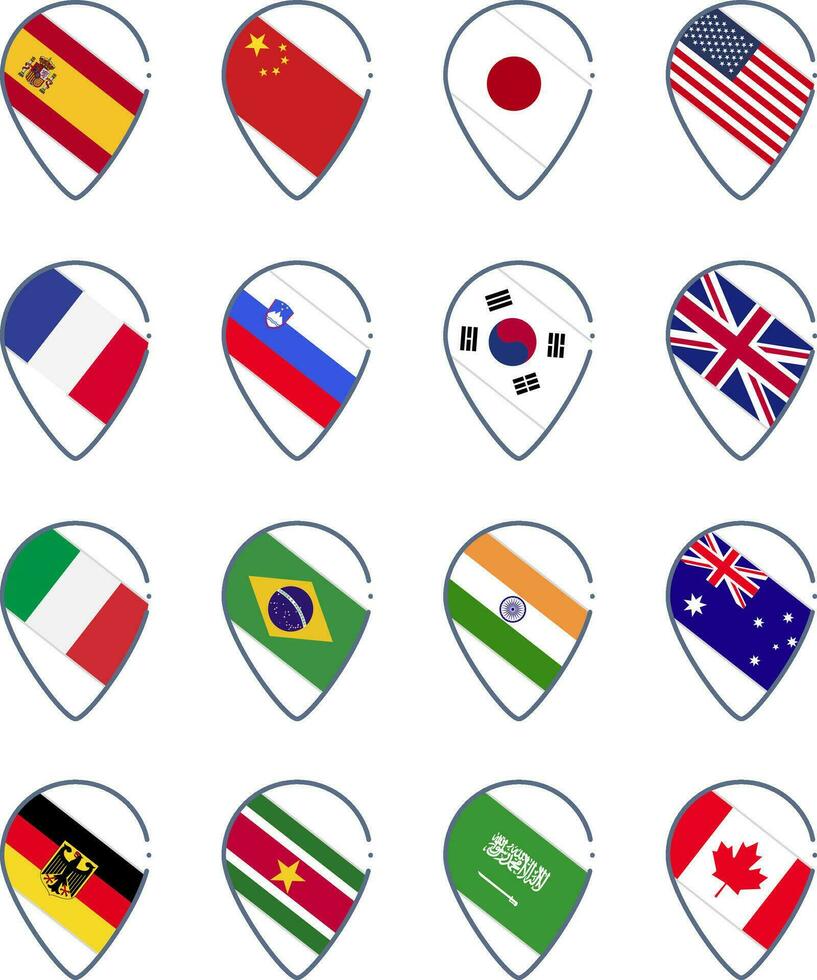 conjunto do ícones do mundo bandeiras dentro a Formato do uma mapa placa. Espanha, França, Itália, Rússia, Alemanha, EUA, Canadá, Índia, saudita Arábia, Índia, Japão e Coréia vetor