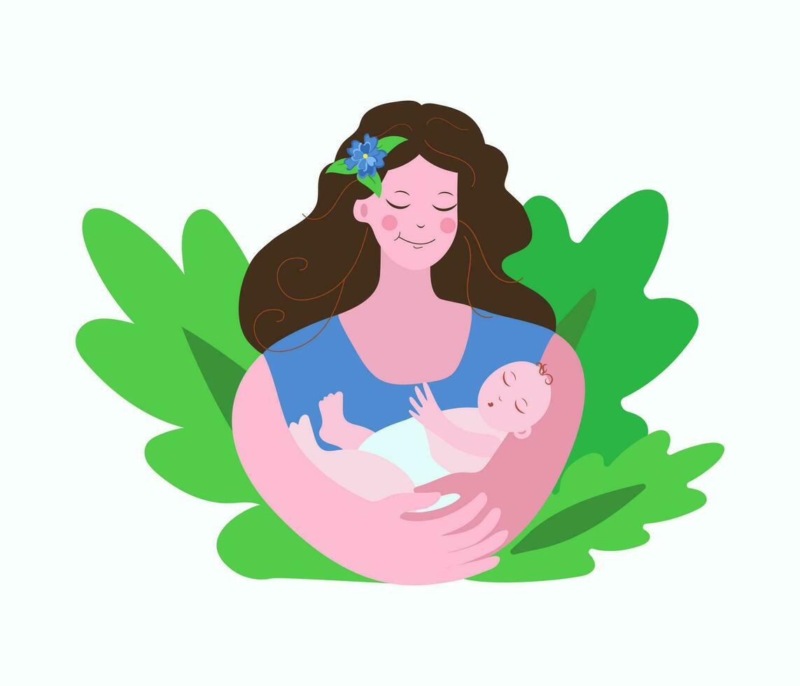 mãe e criança. maternidade, infância. uma jovem mulher segurando uma recém-nascido bebê dentro dela braços. bebê dormindo dentro uma fralda. fofa vetor ilustração em isolado fundo.
