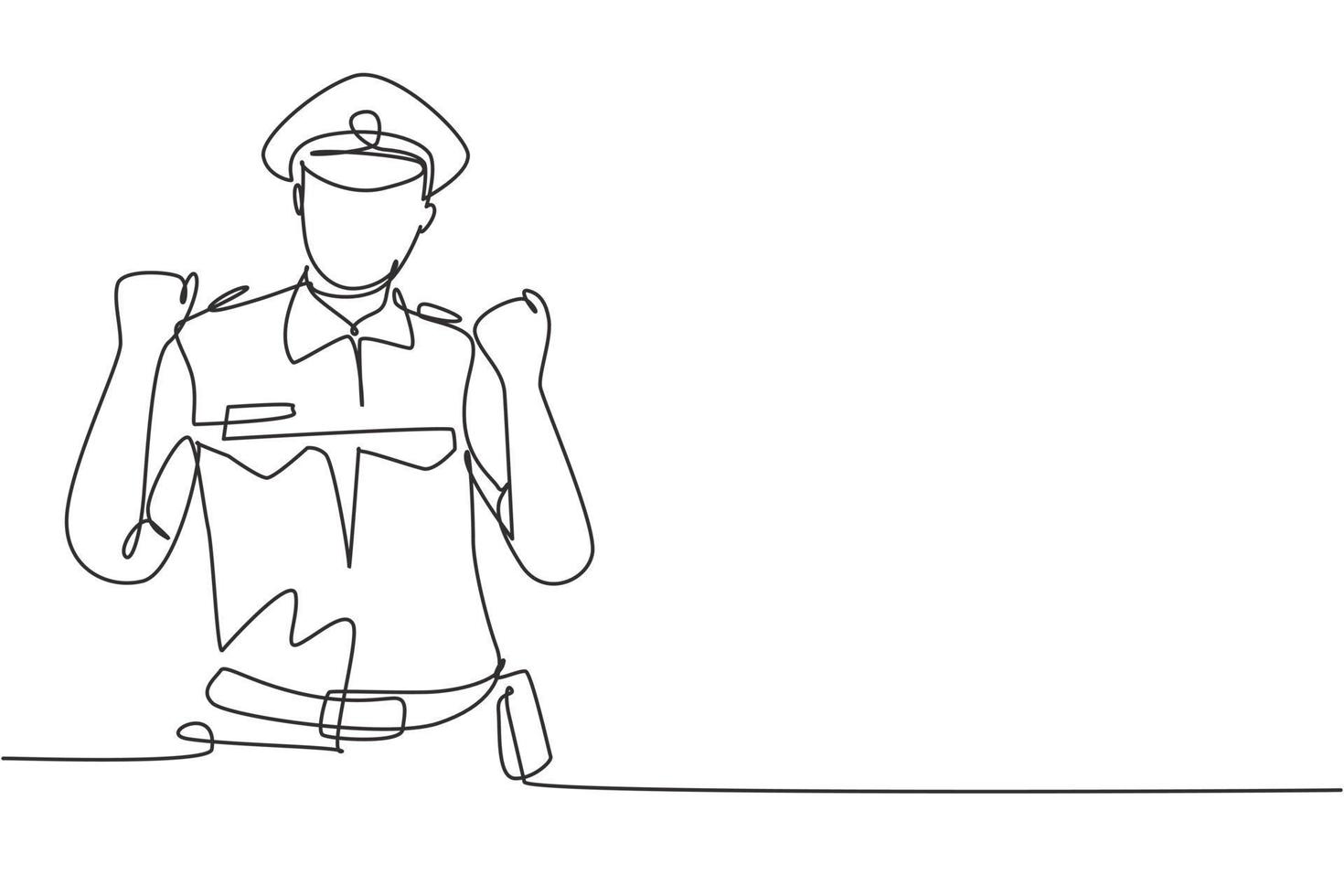 O policial de desenho de uma linha contínua com gesto de comemoração e uniforme completo está pronto para impor a disciplina de tráfego na rodovia. espera em patrulha. ilustração gráfica de vetor de desenho de linha única