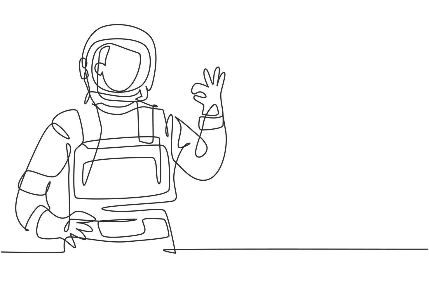 único desenho de uma linha de astronautas masculinos com gestos ok vestindo trajes espaciais para explorar o espaço sideral em busca dos mistérios do universo. linha contínua moderna desenhar design gráfico ilustração vetorial vetor