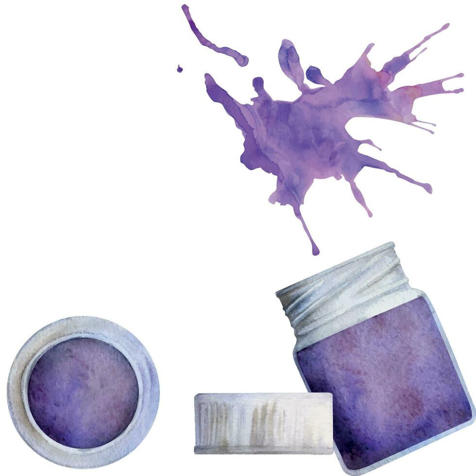 aguarela mão desenhado ilustração, crianças crianças pintura materiais suprimentos, roxa guache acrílico tinta pintar, splash. composição isolado em branco. para escola, Jardim da infância, festa, cartões, fazer compras vetor