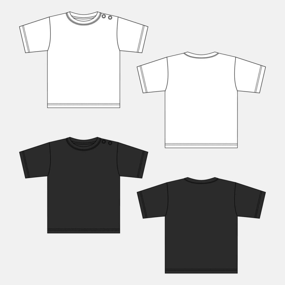 branco e Preto cor curto manga t camisa técnico desenhando moda plano esboço vetor ilustração modelo para bebê Rapazes