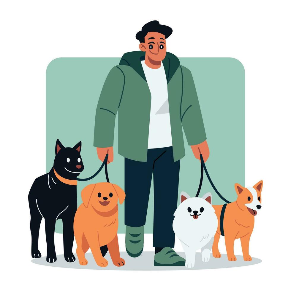 homem caminhando cachorros vetor ilustração dentro plano linha desenho animado estilo homem com animais de estimação