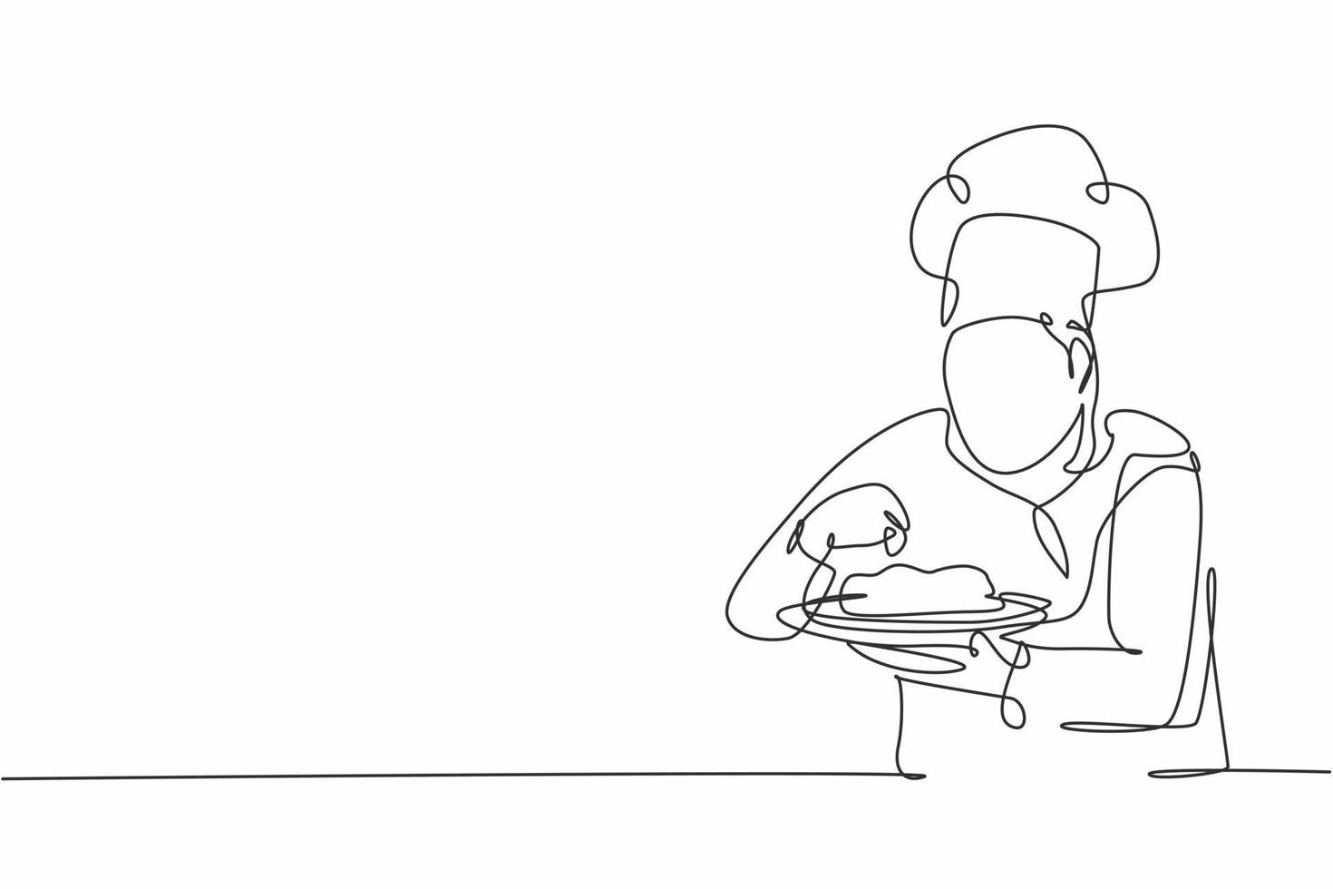 Contínuo um desenho de linha de jovem chef masculino bonito confiante espumante sal e pimenta para o prato principal antes de servir ao cliente. conceito de comida linha única desenhar ilustração vetorial de design gráfico vetor