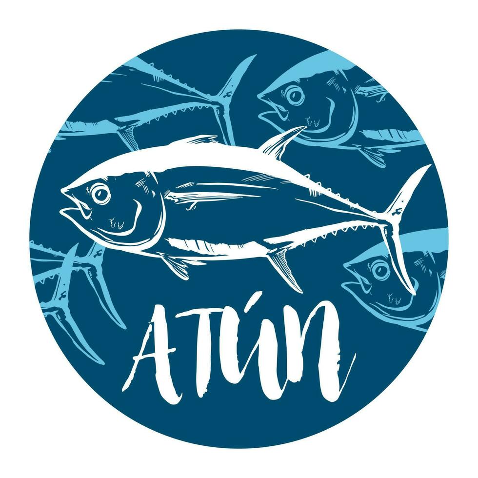 peixe símbolo em branco fundo, vetor. esporte pescaria clube, restaurante, enlatado, Comida logotipo. atum escrito dentro espanhol vetor