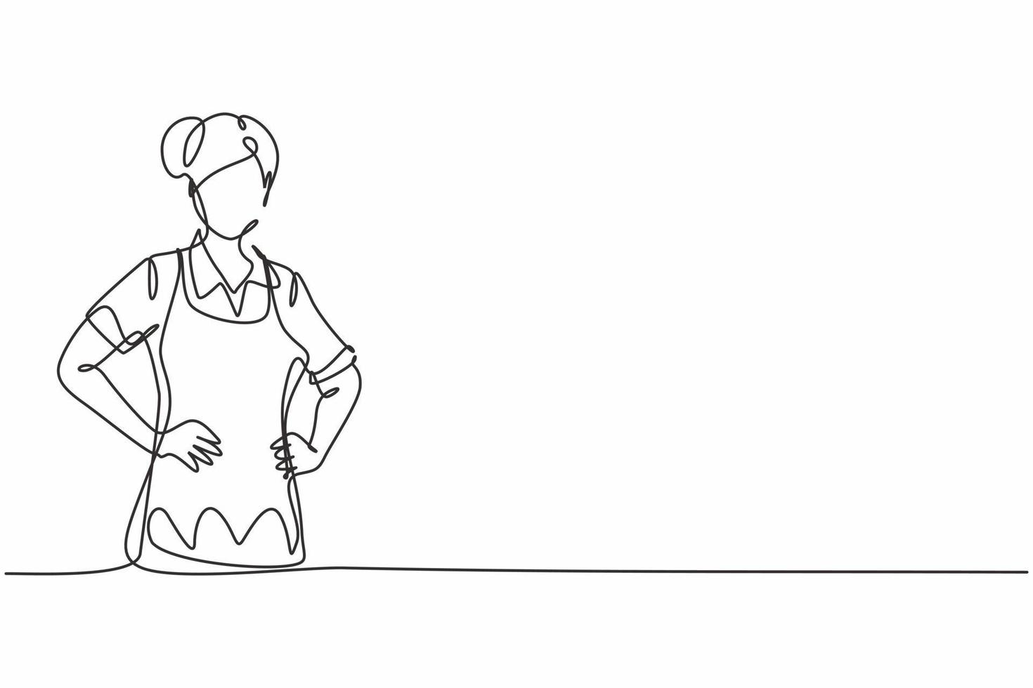 único desenho de linha de uma jovem empregada doméstica de beleza feminina posando com as mãos no quadril. profissão de trabalho profissional e conceito mínimo de ocupação. ilustração em vetor gráfico desenho linha contínua
