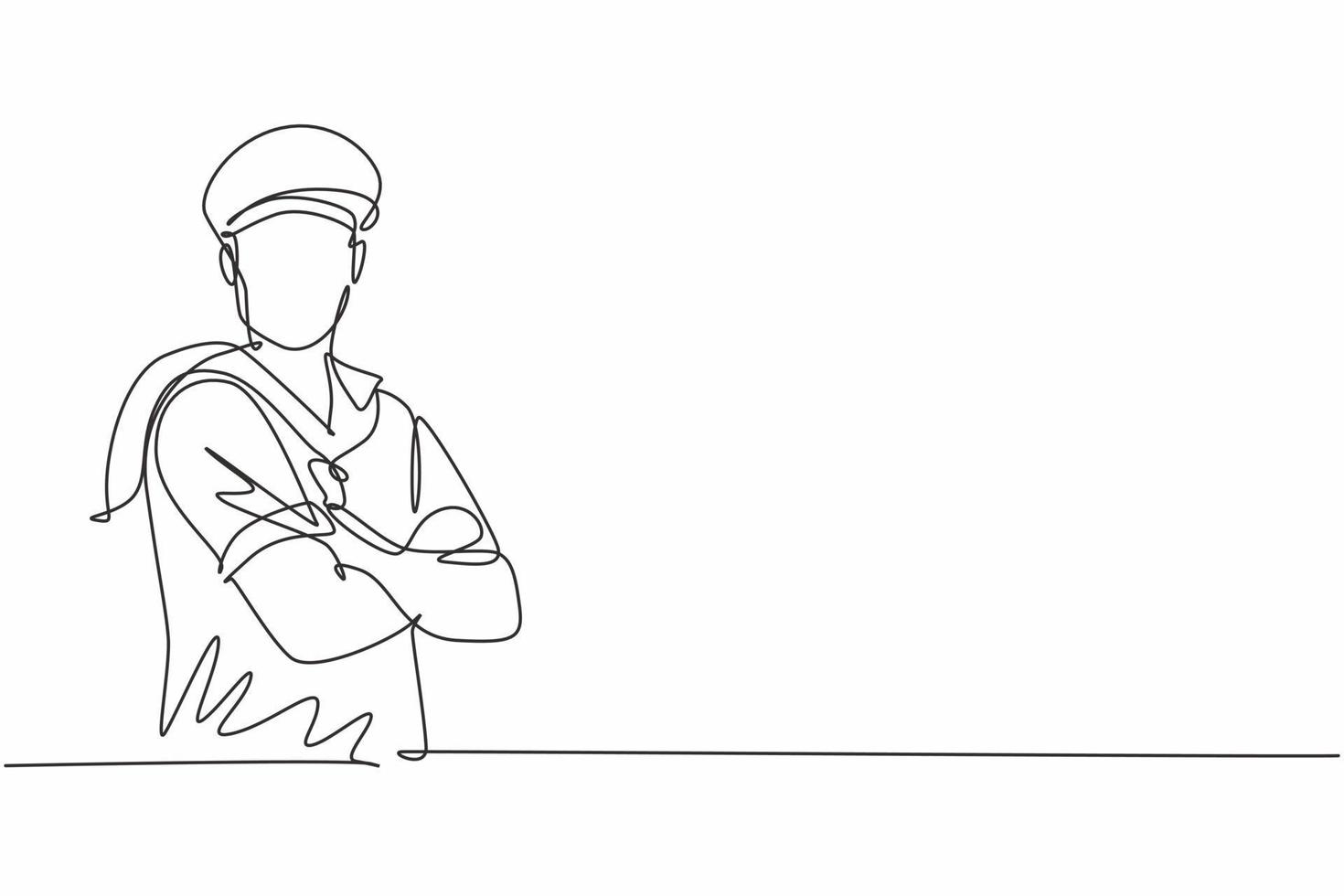 contínuo um desenho de linha de jovem marinheiro vestindo uniforme e posando com o braço cruzado no peito. conceito minimalista de profissão de trabalho profissional. ilustração gráfica de vetor de desenho de linha única