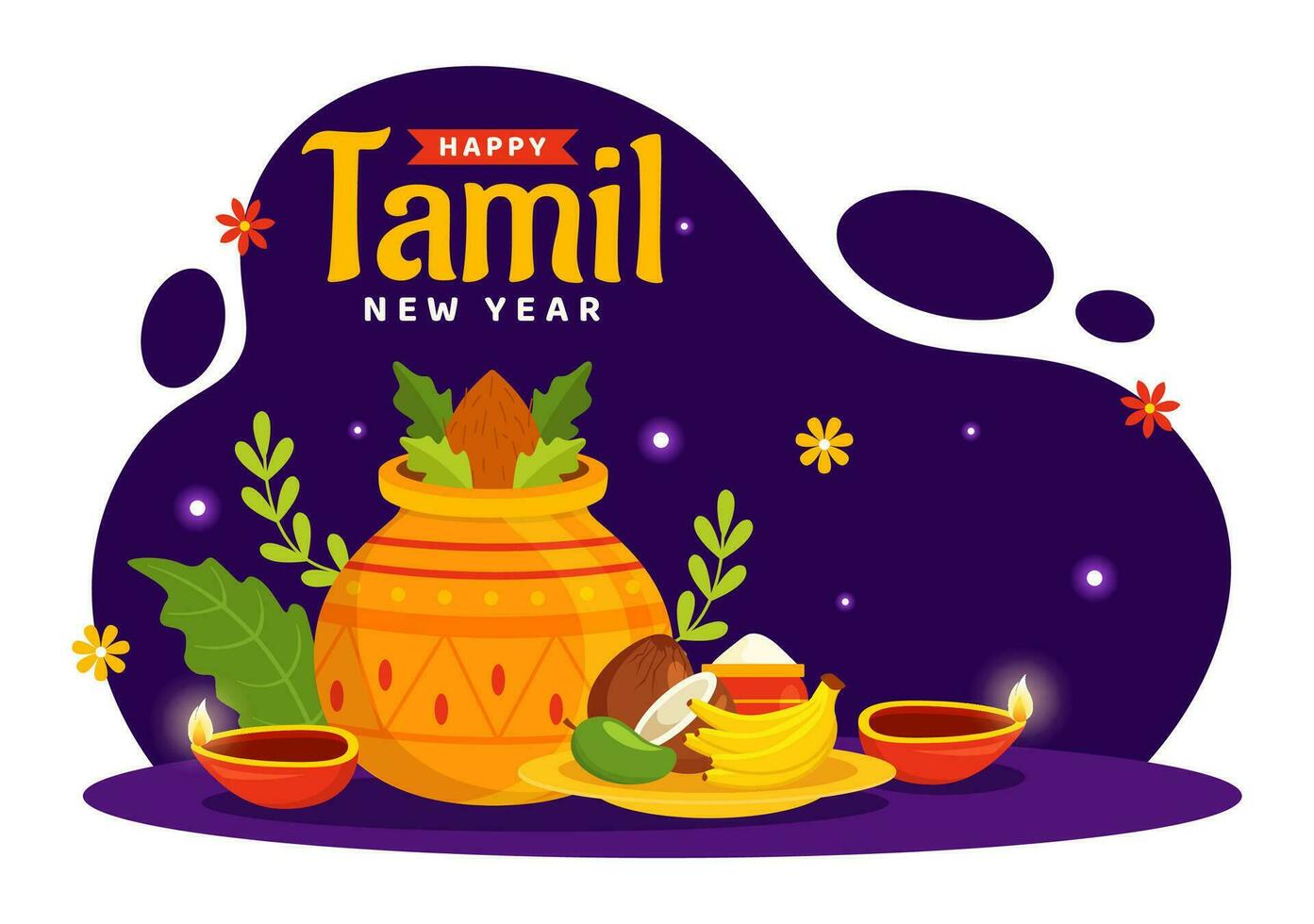 feliz tamil Novo ano vetor ilustração com vishu flores, coco, vela, panelas e indiano hindu festival dentro plano desenho animado fundo Projeto