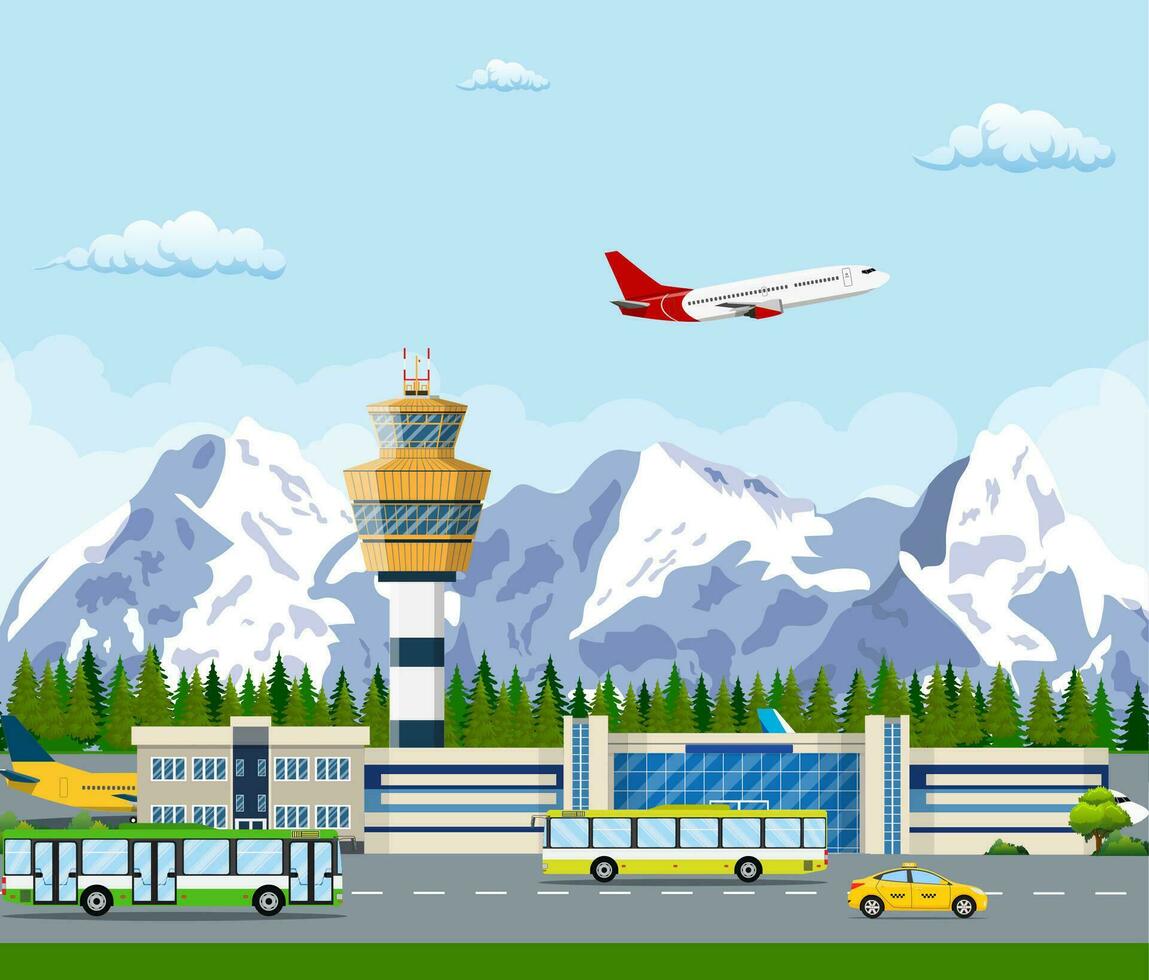 internacional aeroporto dentro montanhas conceito. vetor