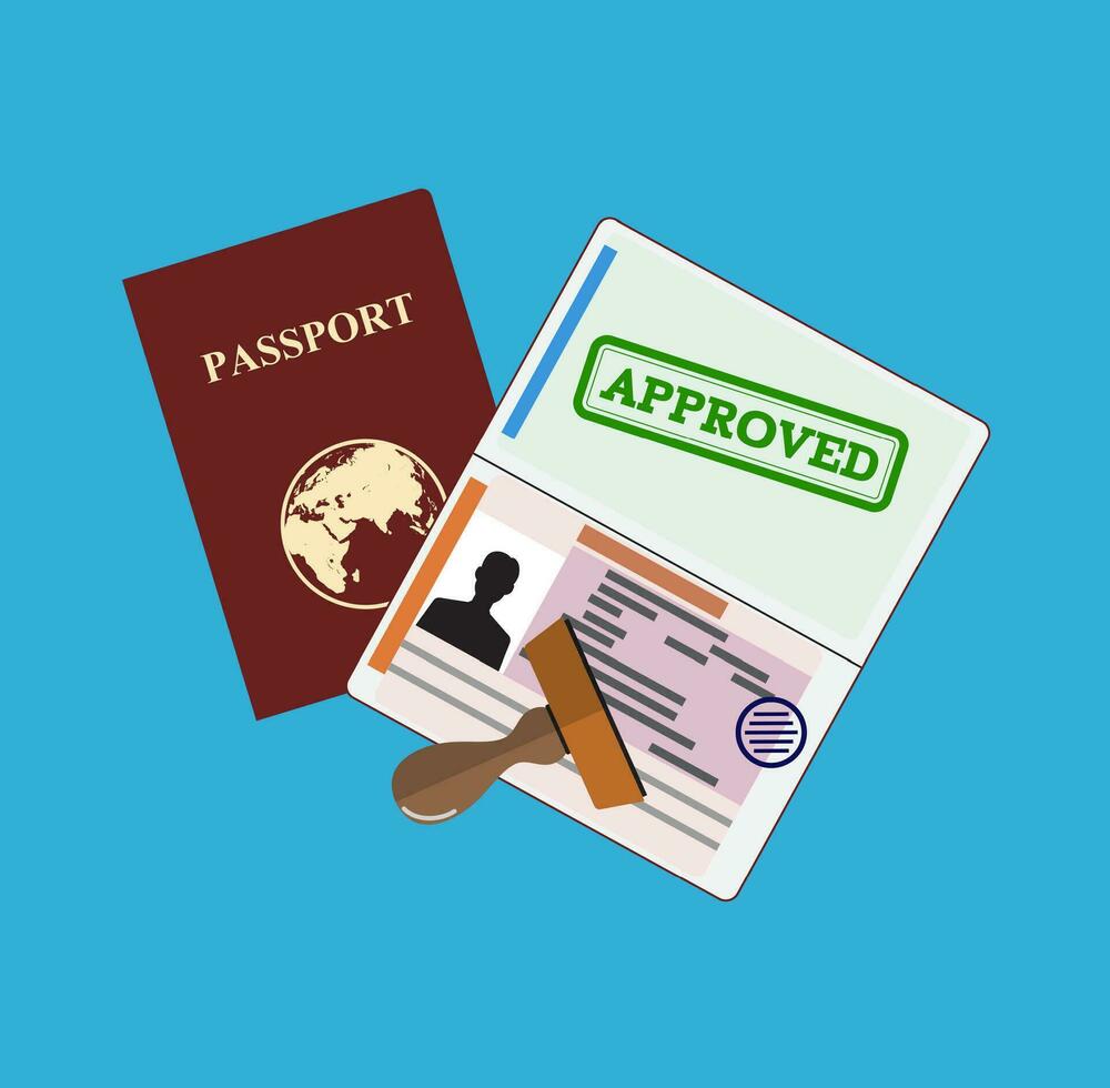 Passaporte com aprovado carimbo. vetor