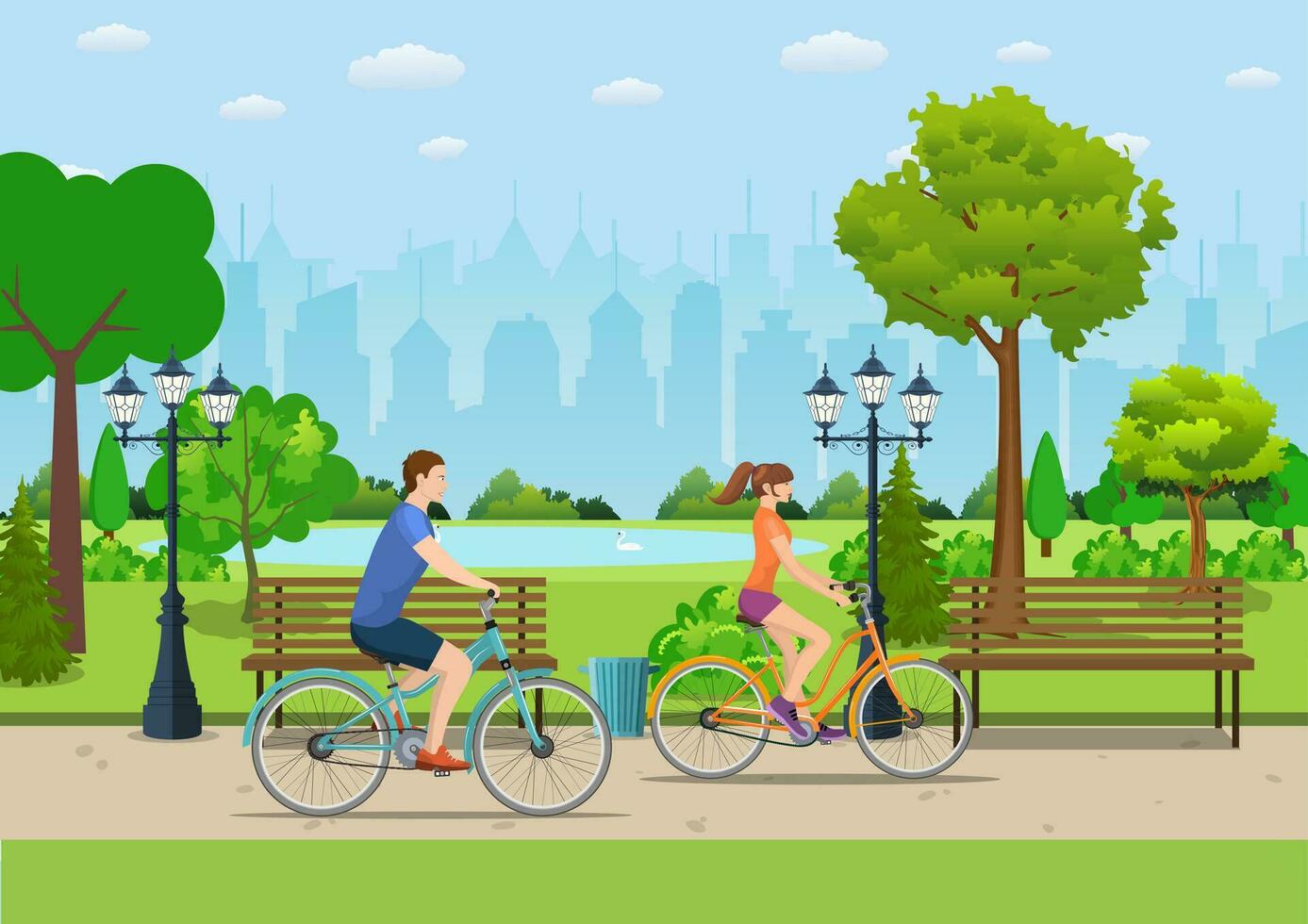 casal equitação bicicletas dentro público parque, vetor