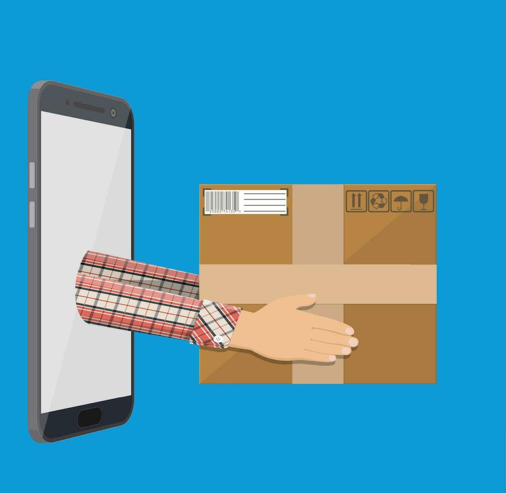 mãos com postal cartão caixa e Smartphone. vetor