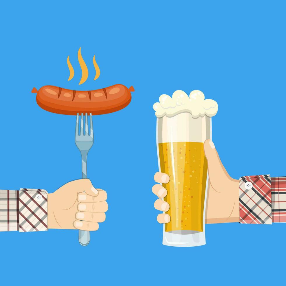 linguiça em garfo e lager vidro Cerveja dentro mão vetor