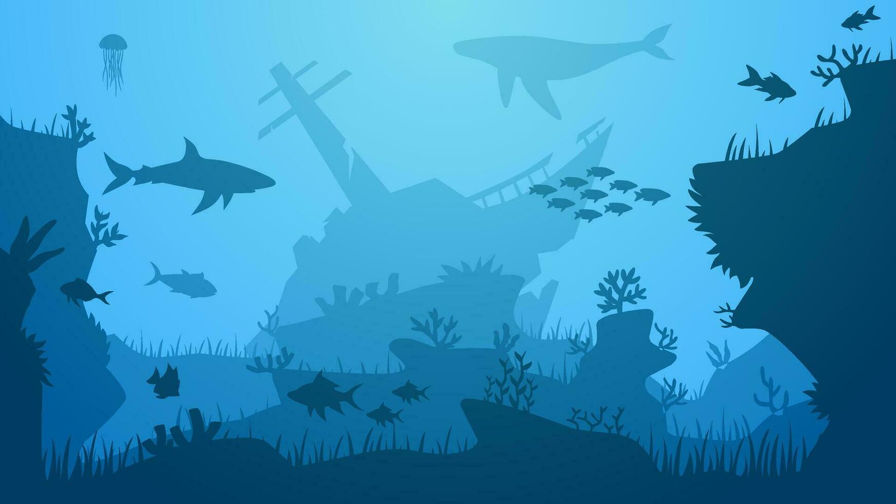 embaixo da agua marinha vetor ilustração. profundo mar panorama com naufrágio, peixe e coral recife. submarino panorama para ilustração, fundo ou papel de parede